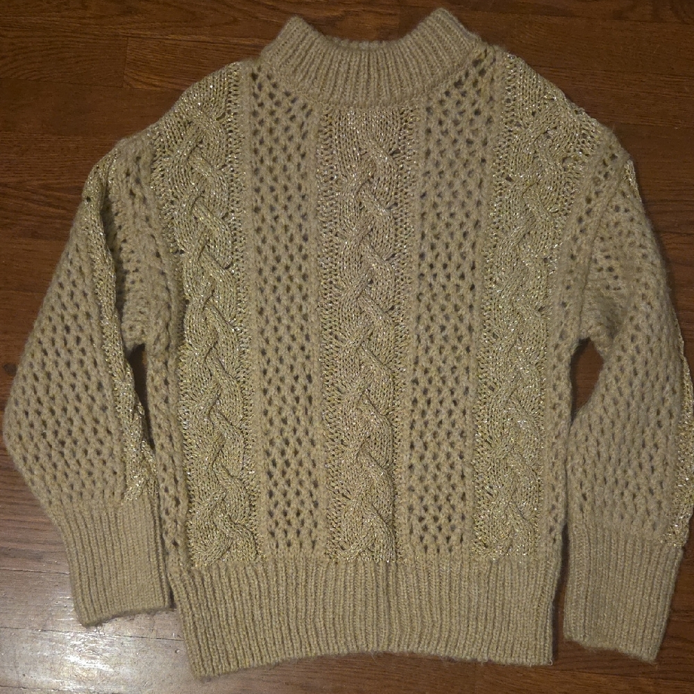 Zara Women Cable Knit Turtleneck Sweater in Beige with Metallic Thread
